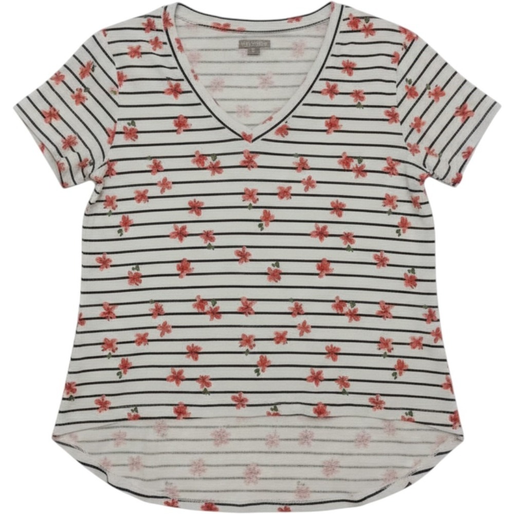 Falls Creek Womens Plus Size 2X Striped Floral V Neck Short Sleeve Tee Shirt Top